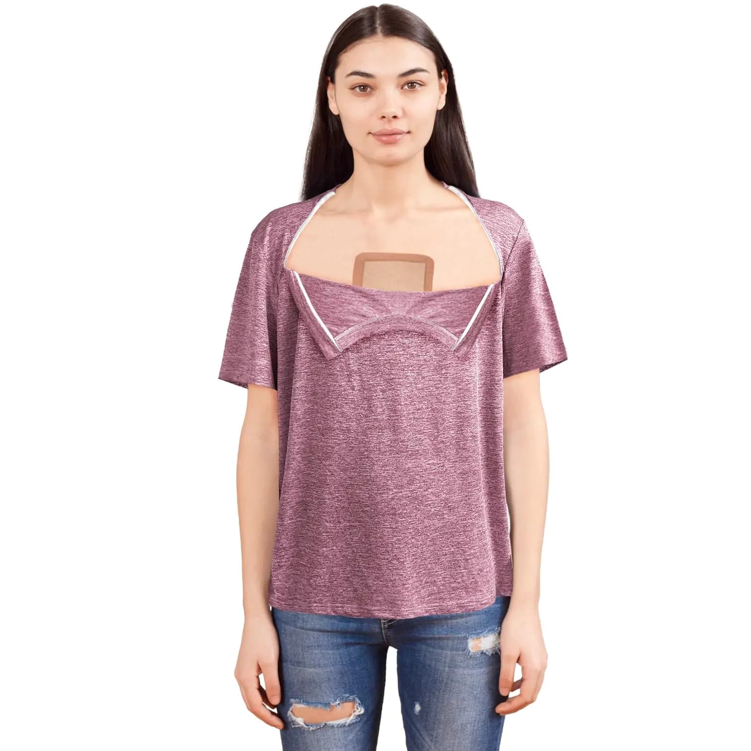 Dual Zipper Chemo Port Access T-Shirt Red Small