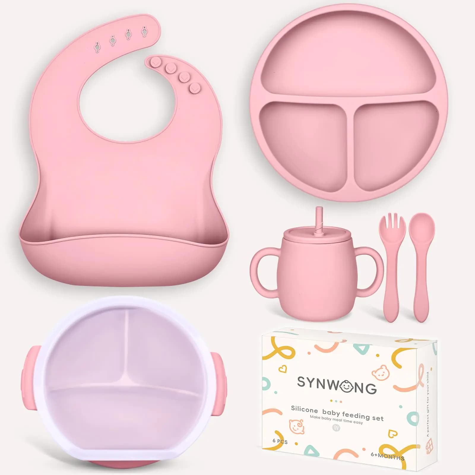 Silicone Baby Feeding Set - Baby gift set，Contains silicone bibs for babies，suction plates for baby，baby spoons，baby bowls，baby cup ， baby forks for self feeding baby led weaning(Pink)