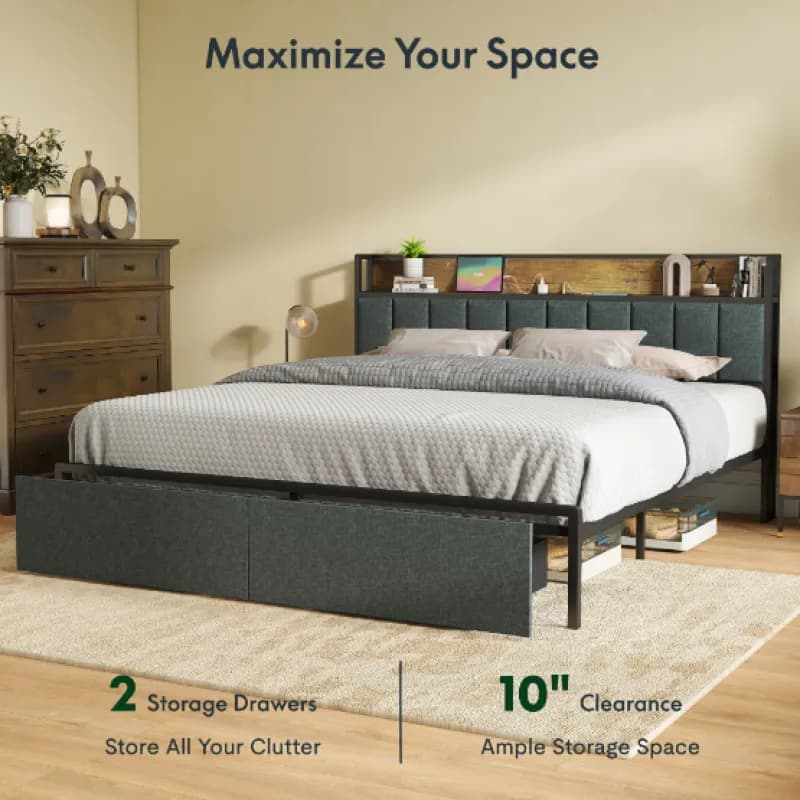 Full Bed Frame With Charging Station And LED Lights