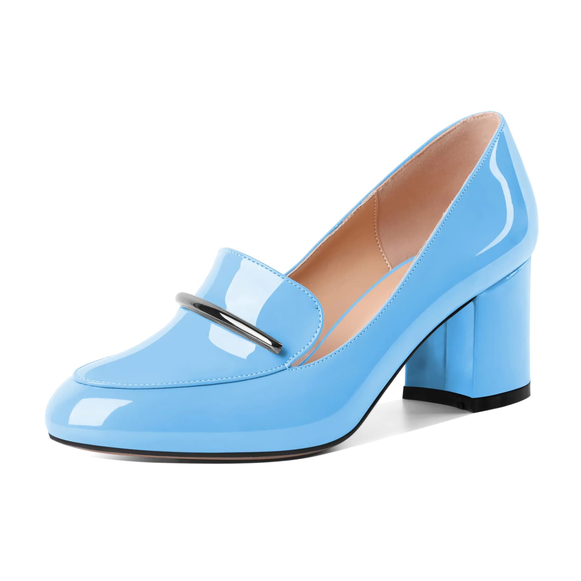 Women's Light Blue Patent Block Heel Loafers