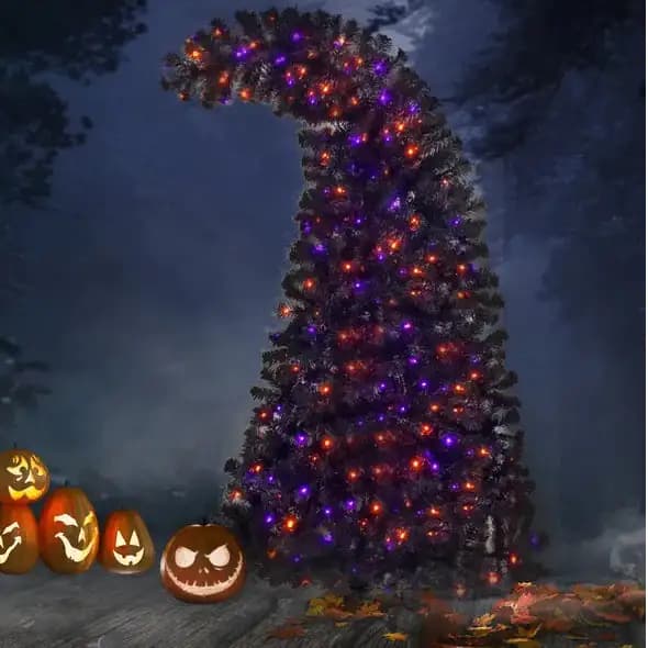 6FT Artificial Fir Bent Top Halloween Christmas Tree, Xmas Tree Bendable Style Christmas Tree Holiday Decoration W1,080 Branch Tips, 300 LED Lights X Mas Halloween Style