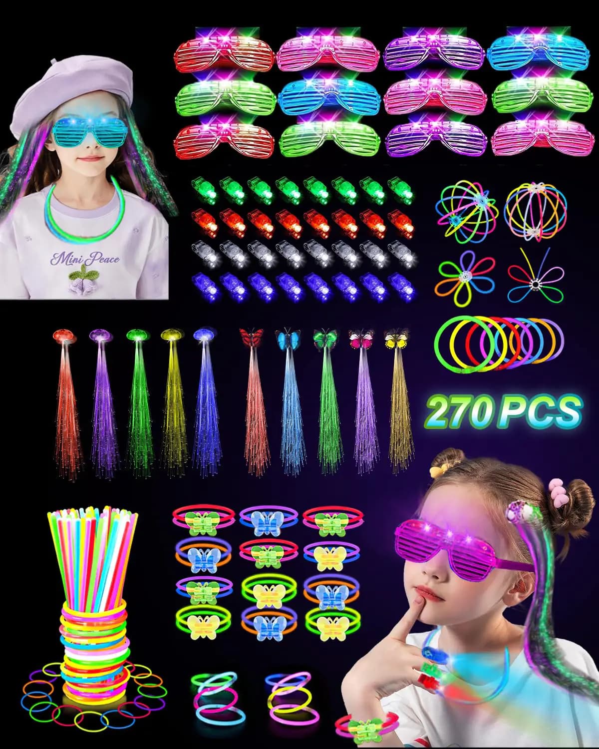 270 PCS Glow In The Dark Party Supplies for Kids Adults 100 Glow Sticks Bulk Party Pack Light Up Party Favors 12 LED Glasses 32 Finger Lights 8 LED Hair Clips for Wedding Birthday Halloween