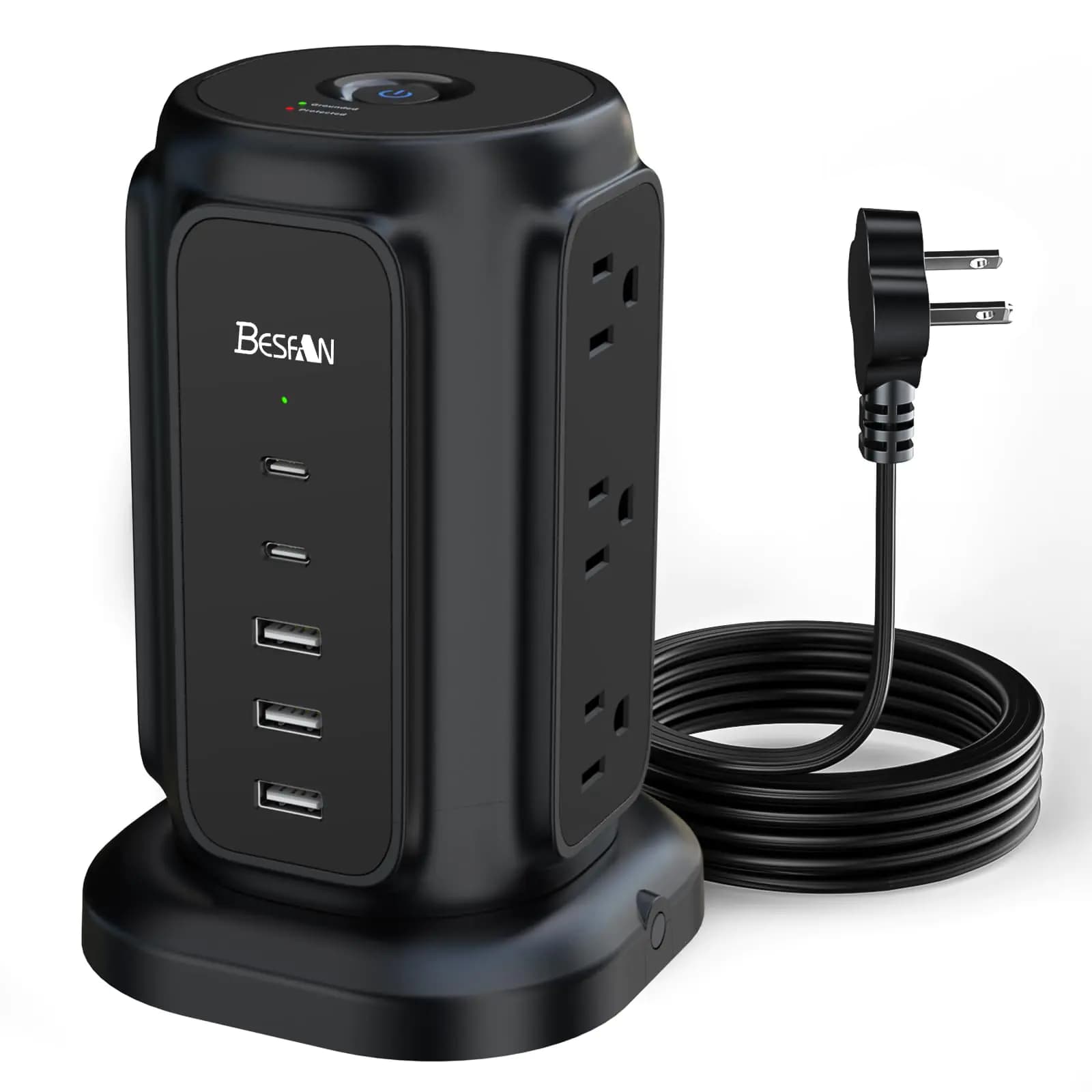 Flat Plug Power Strip Tower With USB Ports