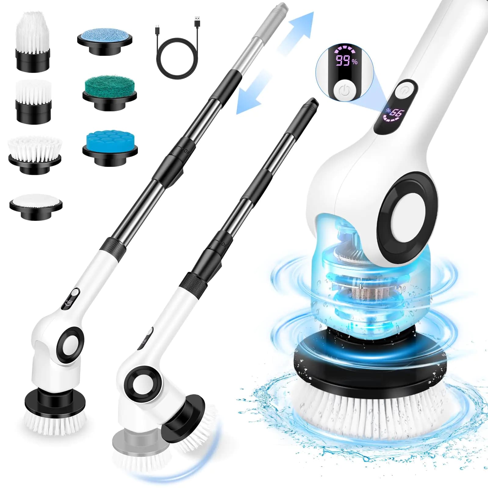 Electric Spin Scrubber With Extension Handle White