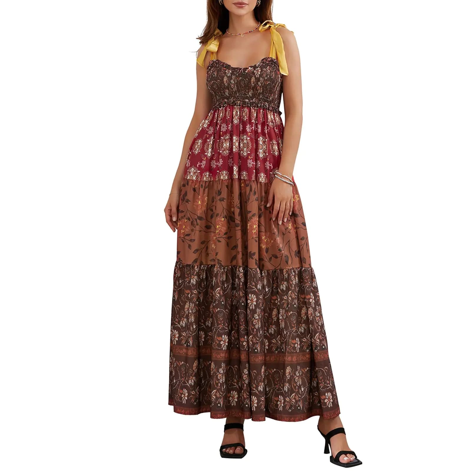 Women's Brown Sleeveless Boho Maxi Dress