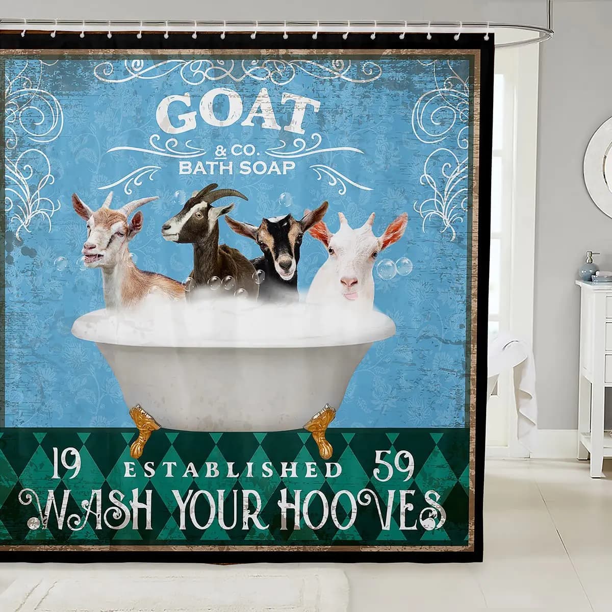 Funny Goat Shower Curtain for Bathroom Kids Retro Funny Farm Animal Bathroom Shower Curtain Set Girls Vintage Farmhouse Goats Bath Curtain Blue Green Diamond Geometric Bathroom Accessories 72"x72"