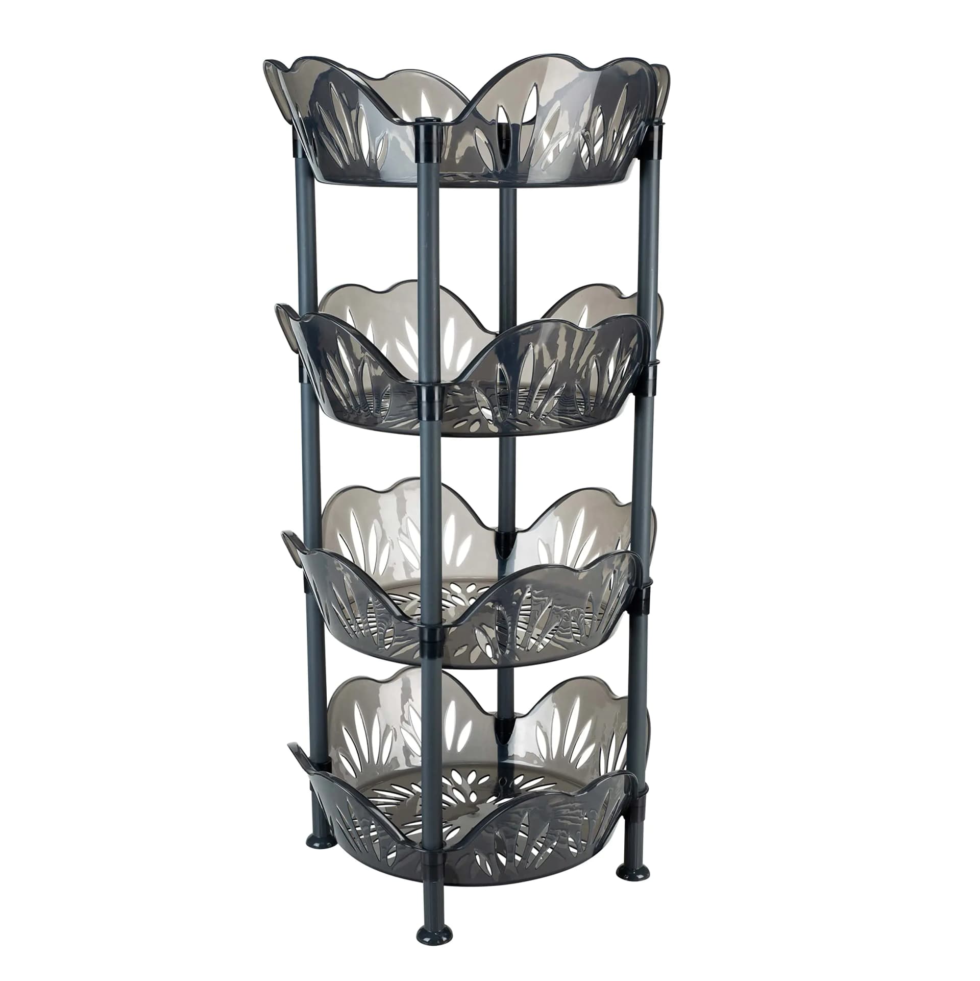 Four Tier Round Basket Storage Shelf, Smoke Grey