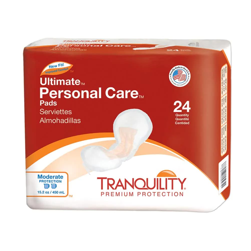 Tranquility Incontinence Personal Care Pads Overnight Protection Promote Dryness and Protect Against Leakage Soft Lining& Adhesive Strip for Secure Fit in Underwear 16.9oz Capacity 24ct Bag