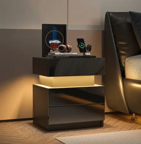 LED Modern Black Nightstand With Drawers