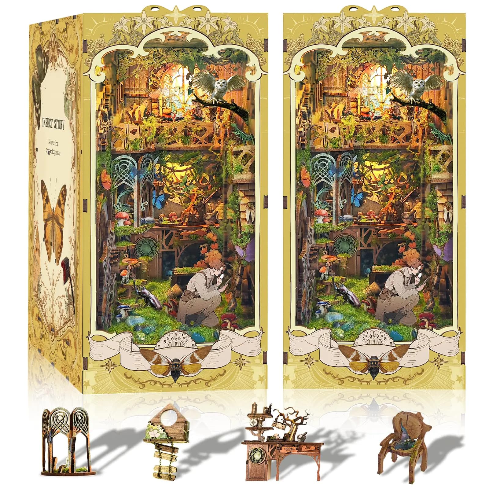 CRIOLPO Book Nook Kit - DIY Doll House Booknook with LED Lights for Adults and Teens Perfect Halloween Bookshelf Decor 3D Wooden Puzzle Bookends for Insect Collector(Insect Nooks)