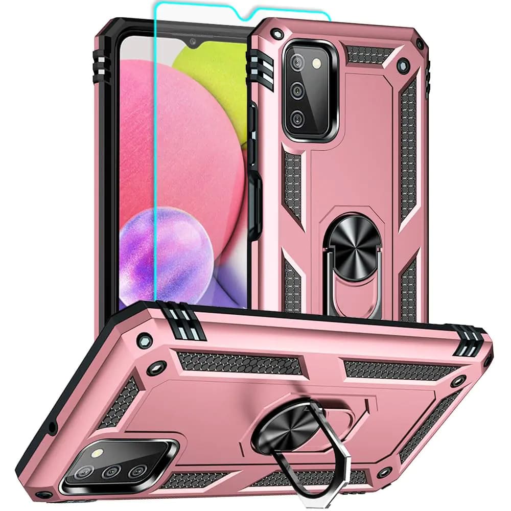 for Samsung Galaxy A03s Phone Case Galaxy A03s Phone Case with HD Screen Protector [Military Grade 16ft. Drop Tested] Ring Shockproof Protective Phone Case for Samsung A03sRose Gold