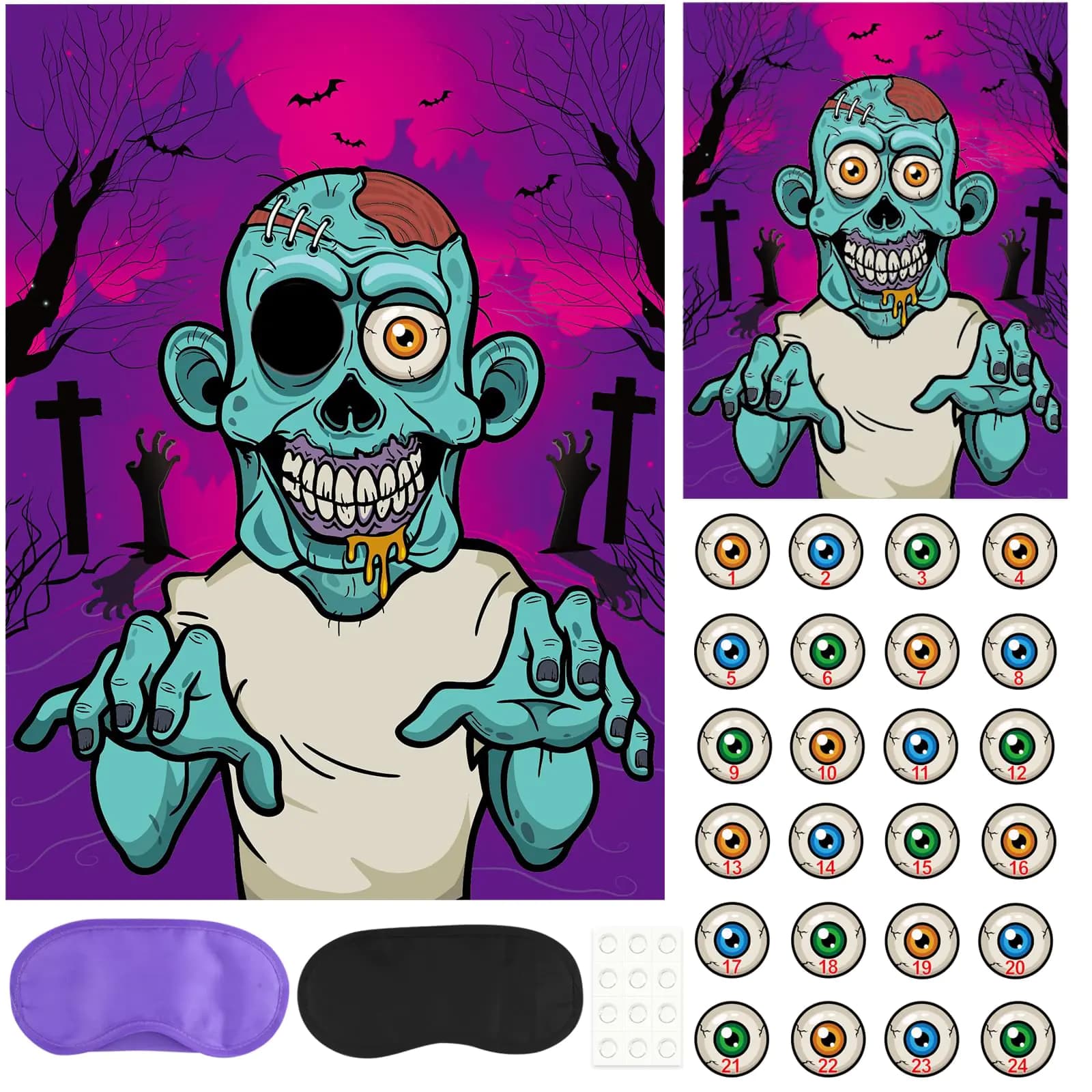 PLULON Halloween Games Pin The Eyeball on The Zombie Game with Zombie Eyeball Stickers for Halloween Zombie Birthday Party Decorations