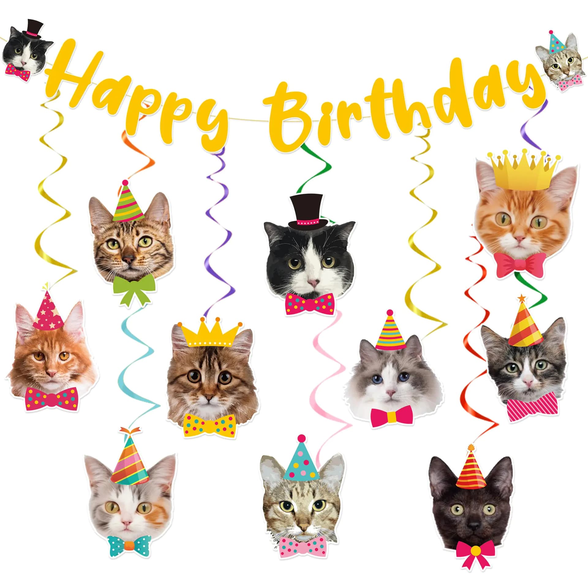 Cat Happy Birthday Banner With Swirls