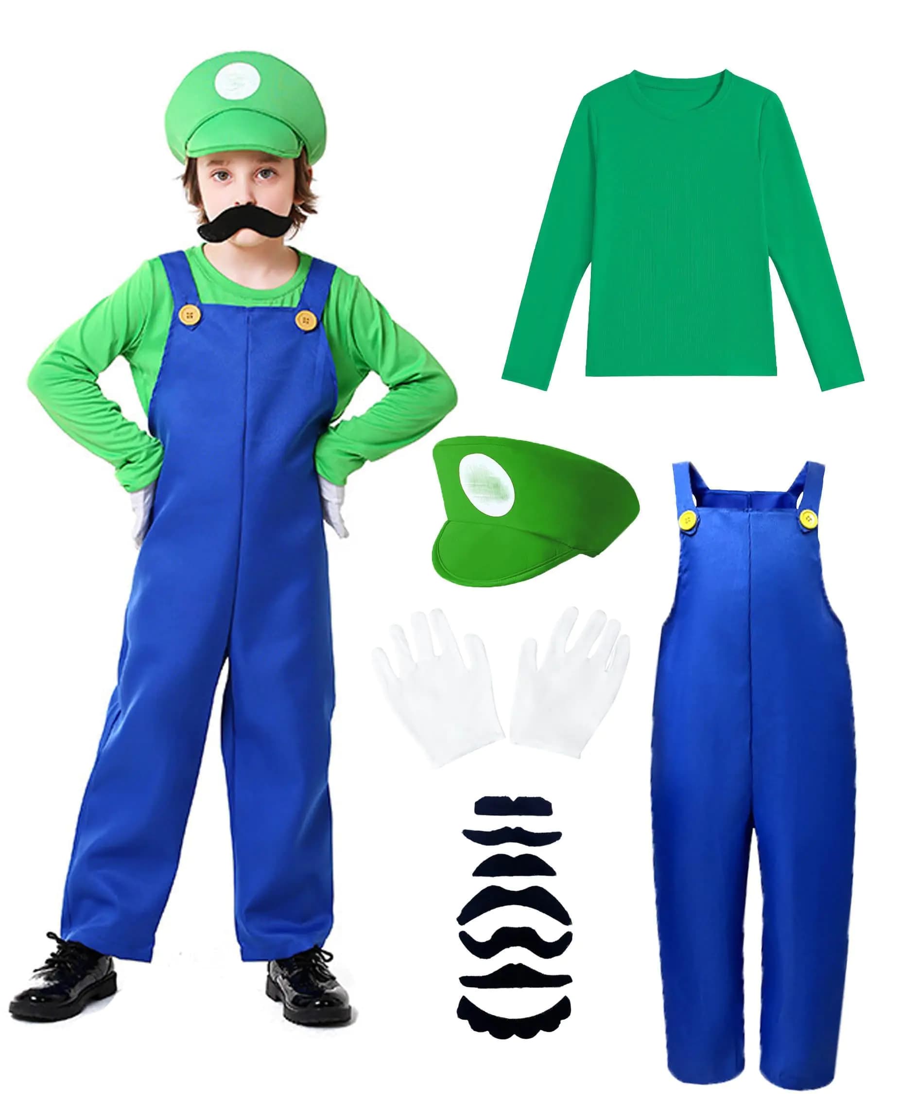 ELEGAWHISPR Halloween Costume Kids Plumber Jumpsuit with Hat Gloves Moustache Costume Accessories Set (Green S)