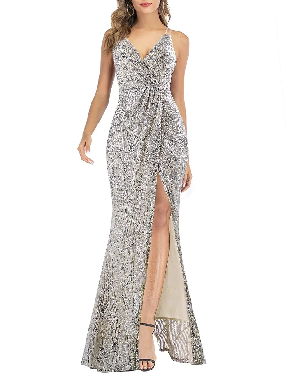 Silver Glitter V-Neck Formal Evening Dress XL