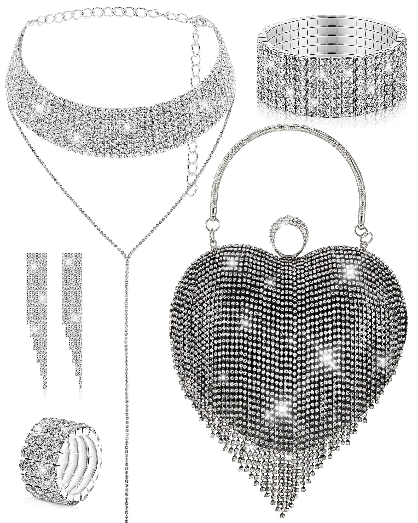 Heart Rhinestone Tassel Evening Clutch Bag Black