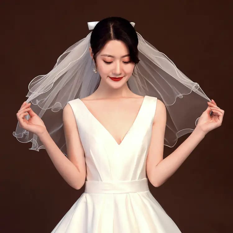 Short White Bridal Veil with Bow and LED Lights