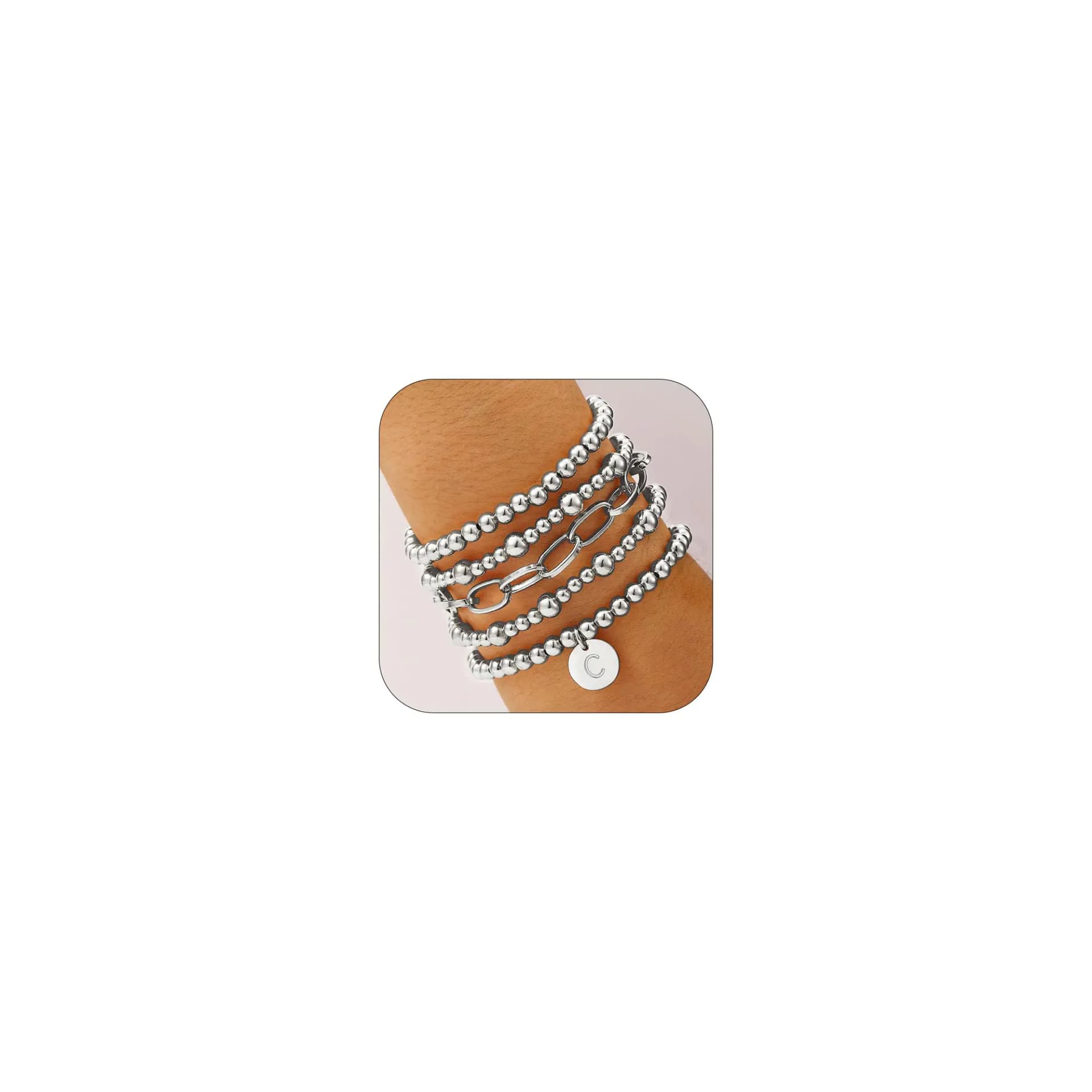 Silver Beaded Initial C Letter Bracelet Set