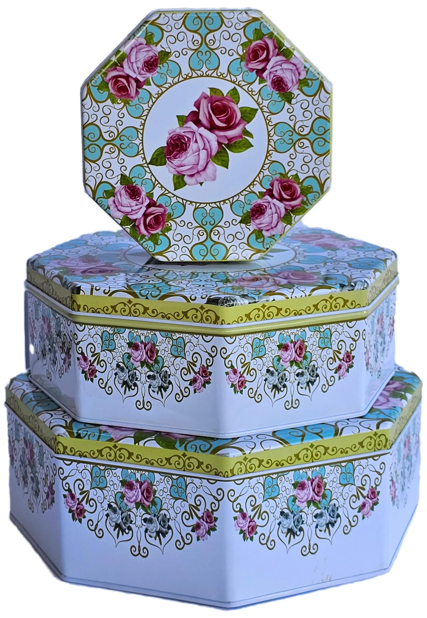 Octagon Tin Containers with Lids, Pink Green
