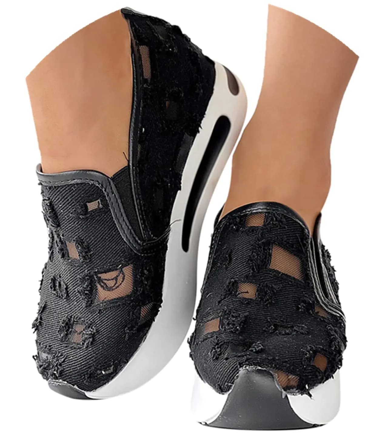 Floral Embroidery Platform Wedge Sneakers Black