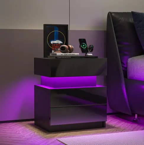 LED Modern Black Nightstand With Drawers