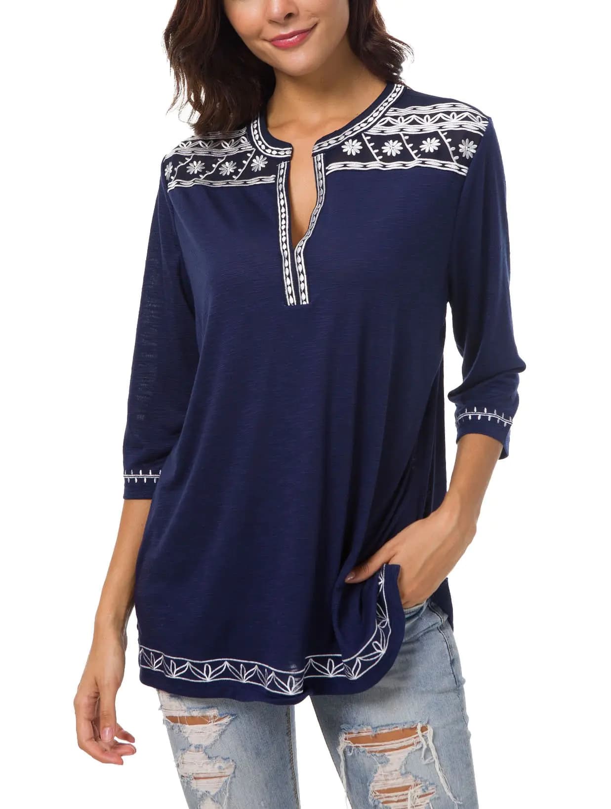 Womens Summer Tops Boho V-Neck Embroidery Short Sleeve Blouses for Women Fashion Navy Blue