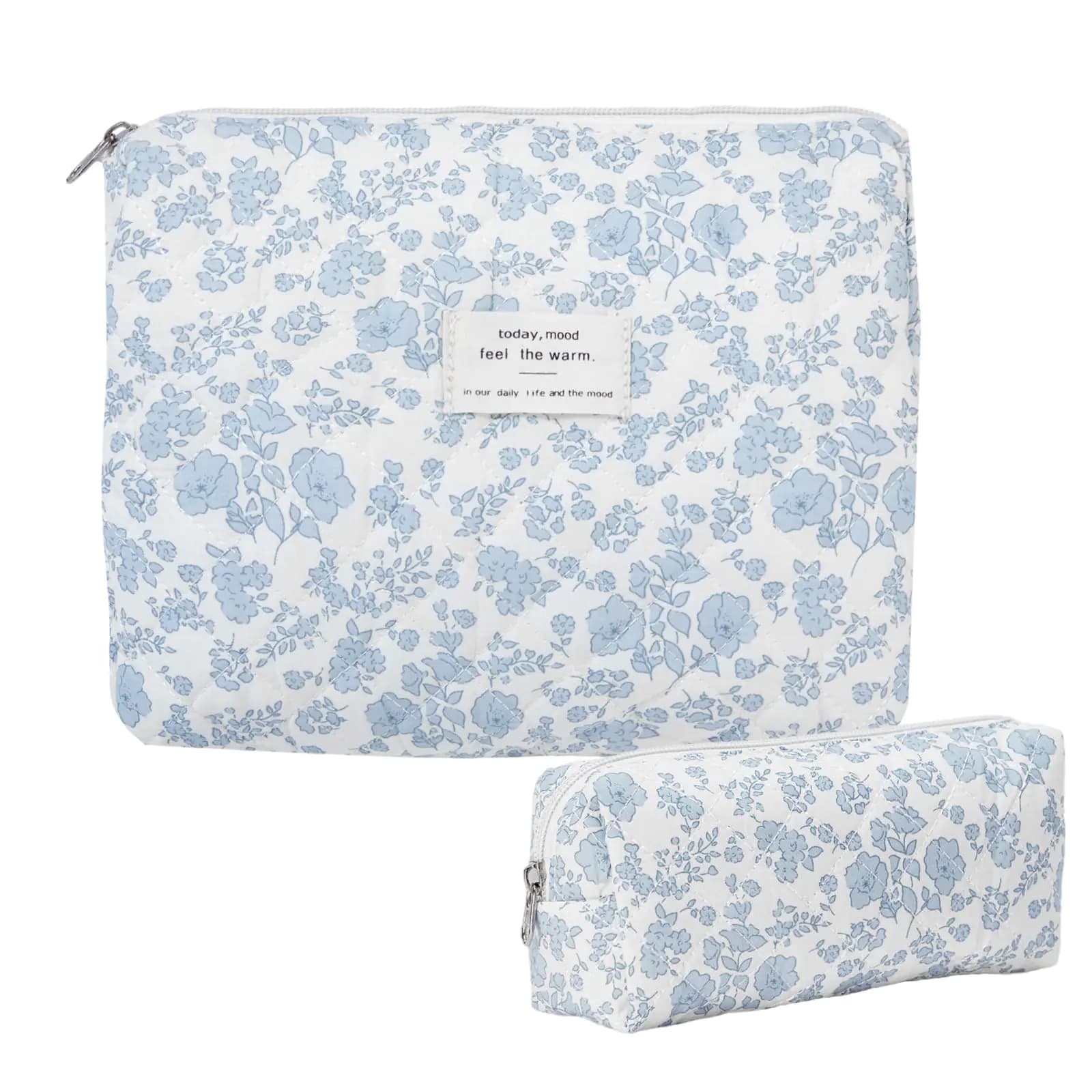 Quilted Cotton Floral Makeup Travel Bag Blue