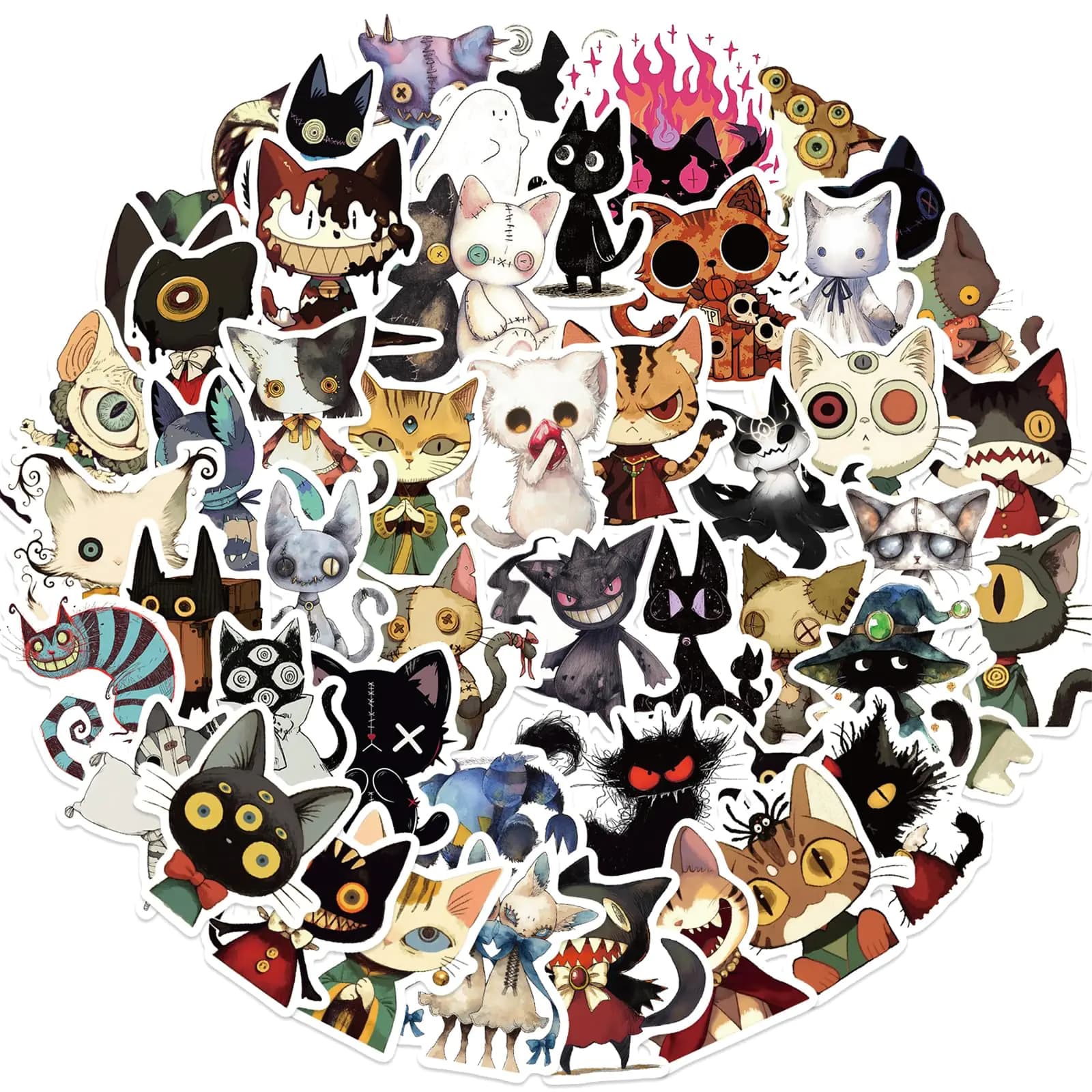 Gothic Cat Waterproof Stickers 50-Piece Pack