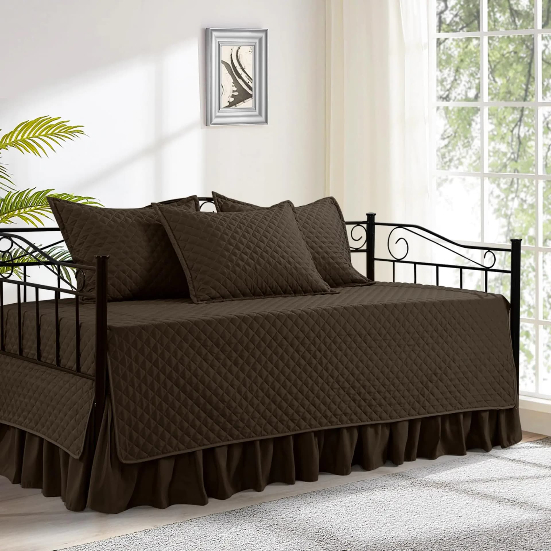 HOMBYS Daybed Cover Sets- Diamond Stitching Daybed Bedding Set All Season Cozy Bedding with Bedskirt with Shams Microfiber Filling 5 Pieces Coffee Color