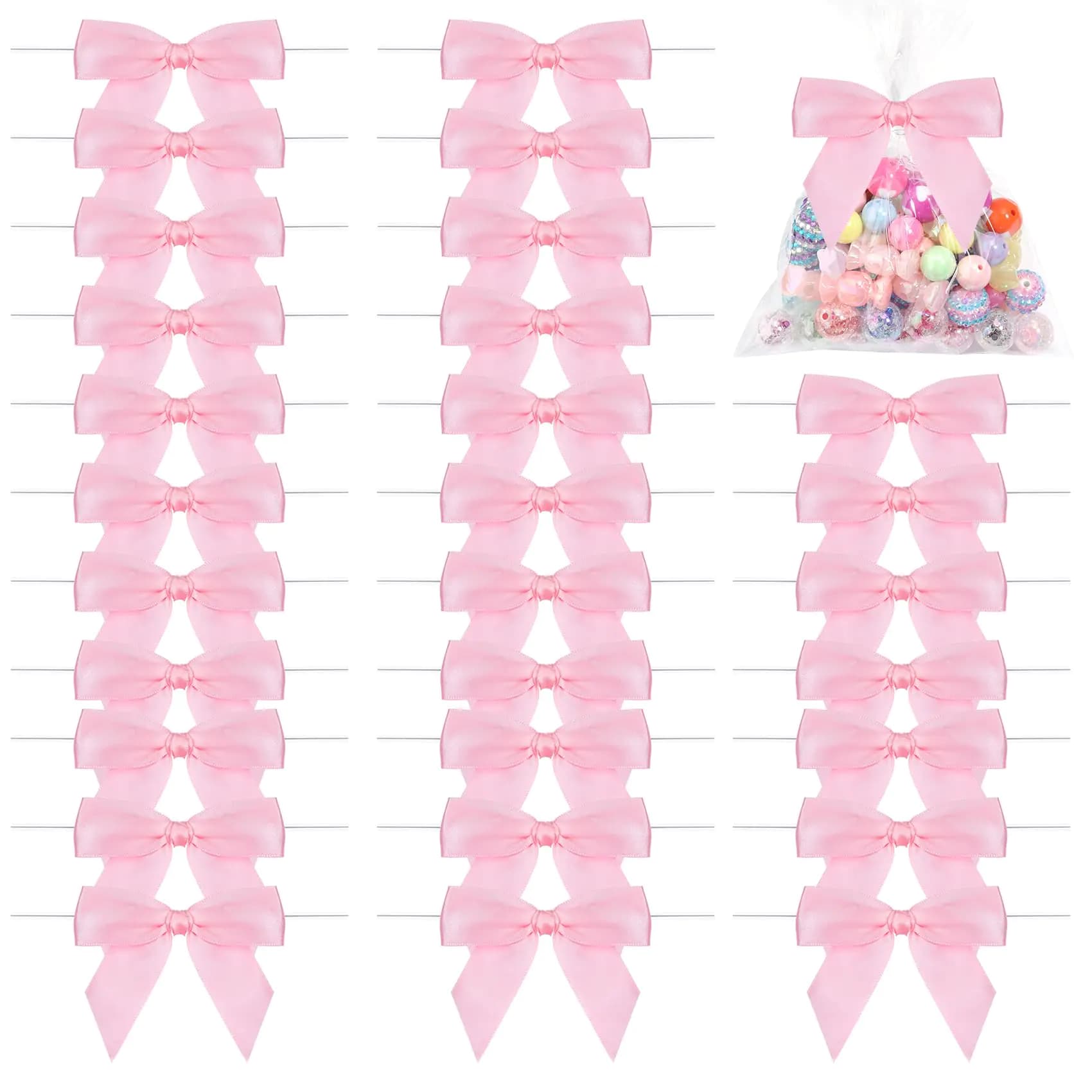 Hiswan 50PCS Twist Tie Bows for Treat Bags 3.5” Pre Tied Satin Ribbon Bows with Wire for Gift Wrapping DIY Crafts Wedding Baby Shower Birthday Party Christmas Halloween Decorations Pink