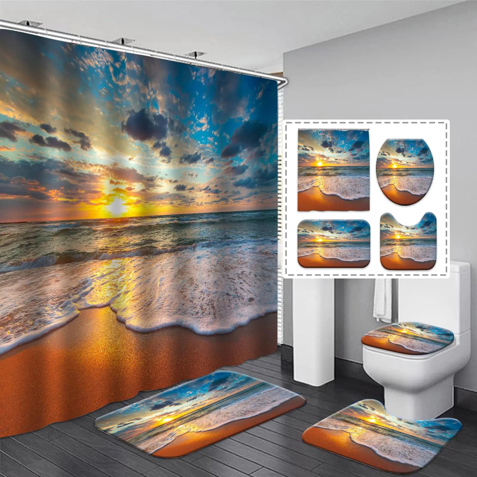 Sunset Beach Shower Curtain Set Coastal Hawaii Seascape Shower Curtain Bathroom Decor Ocean Wave Nature Landscape Rugs Nautical Tropical Seashore Waterproof Curtains Toilet Bath Bathroom Accessories