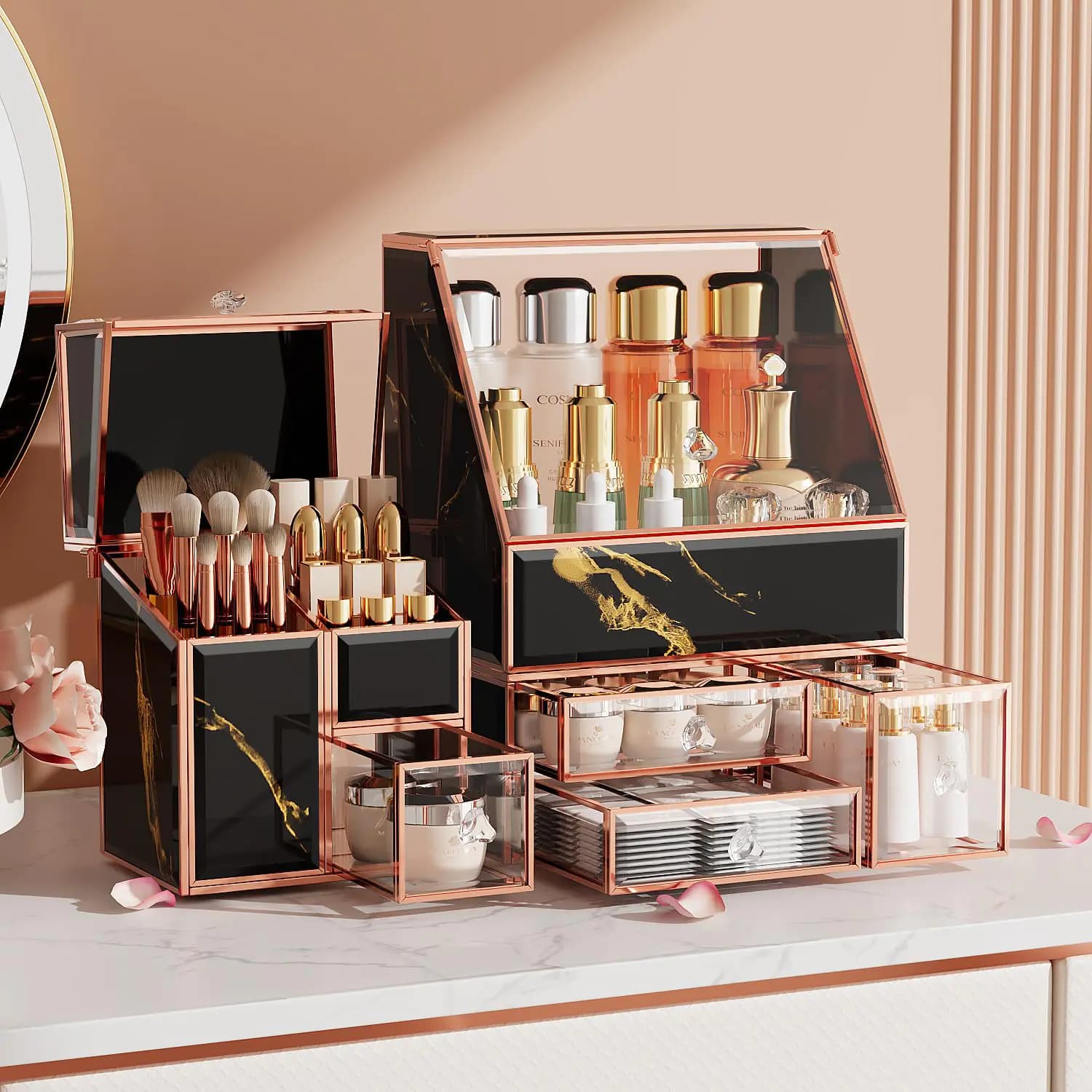 Black Glass Makeup Organizer For Vanity