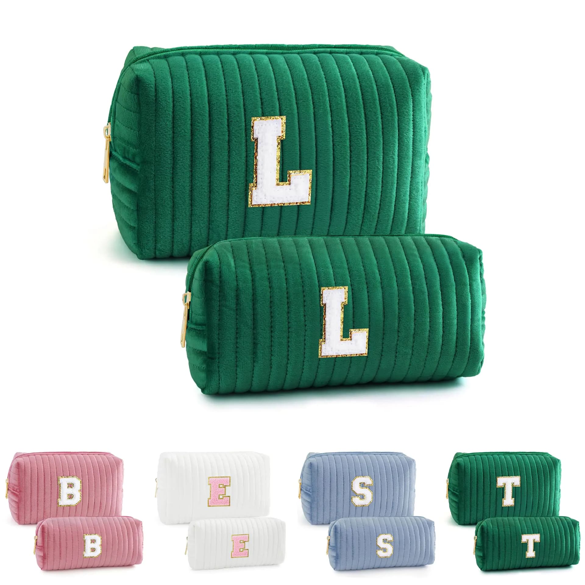 Personalized Monogram Makeup Bag, Velvet Green Large