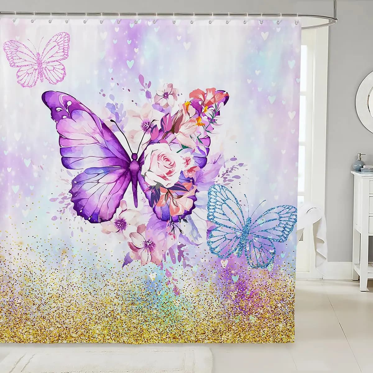 Butterfly Floral Shower Curtain 72x78 Purple