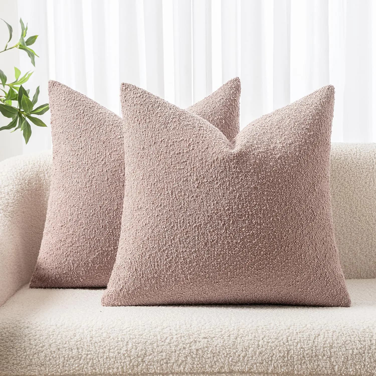 Woaboy Pack of 2 Boucle Throw Pillow Covers Textured Square Decorative Pillowcases Accent Solid Cushion Covers Home Decor for Sofa Couch Living Room Home Decor 20x20 Inch Pink