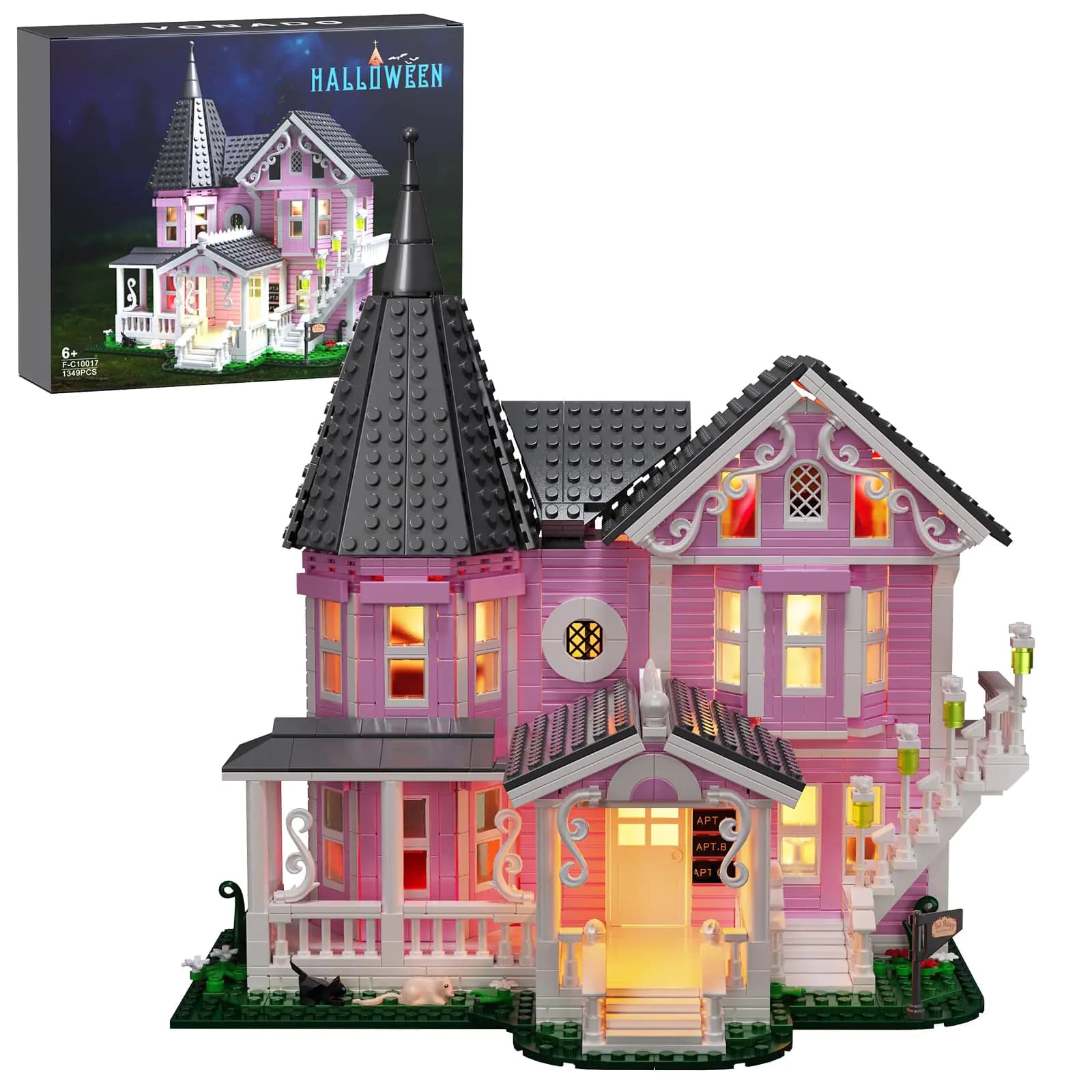 Pink Palace House Building Set with Lights Halloween Haunted House Blocks Toy Halloween House Kit for Kids Adults Compatible with Lego Christmas for Girls and Boys Aged 8+ (1349PCS)