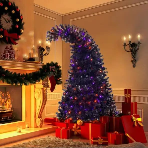 6FT Artificial Fir Bent Top Halloween Christmas Tree, Xmas Tree Bendable Style Christmas Tree Holiday Decoration W1,080 Branch Tips, 300 LED Lights X Mas Halloween Style