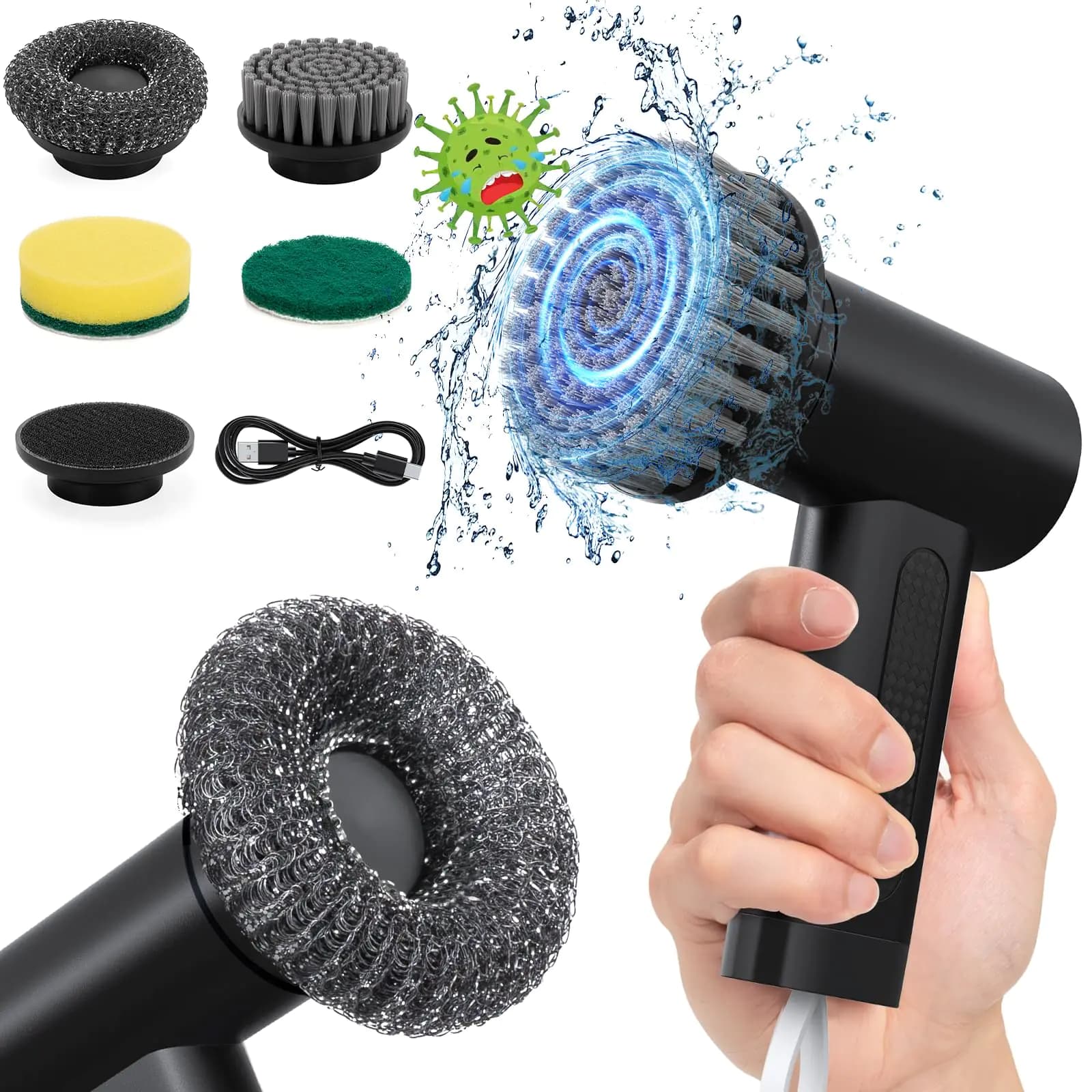 Electric Spin Scrubber with Four Brush Heads Black
