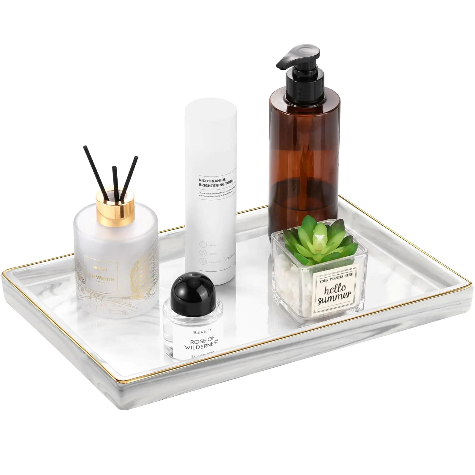 Marble Bathroom Vanity Tray, Gold and White