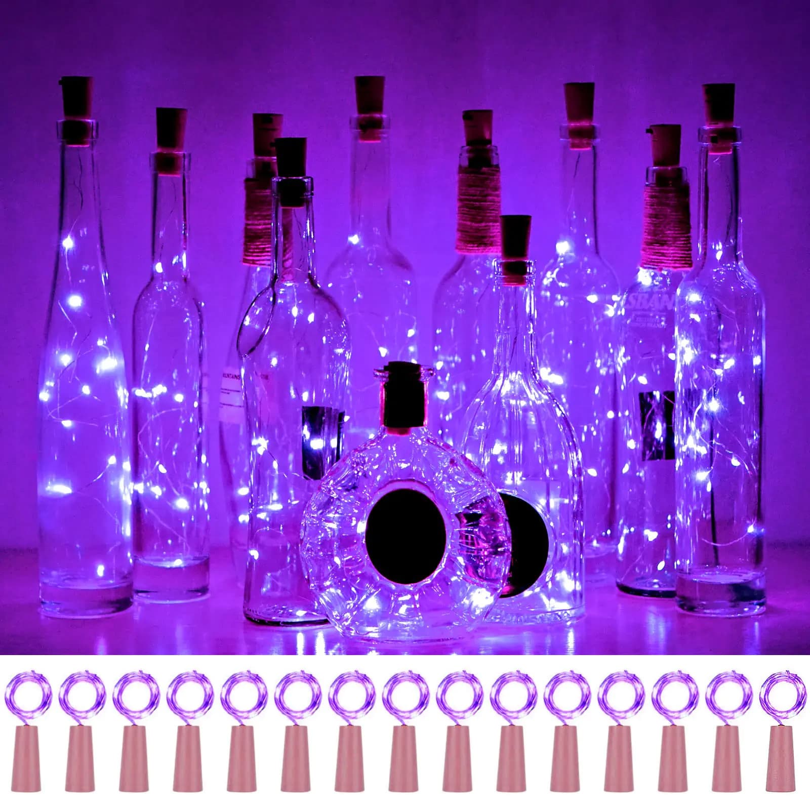 Wine Bottle Cork Lights 15Pack 10 LED 40 Inches Battery Operated Silver Wire Liquor Bottle Fairy Mini String Lights for Party Christmas Halloween Wedding Decoration (Purple)