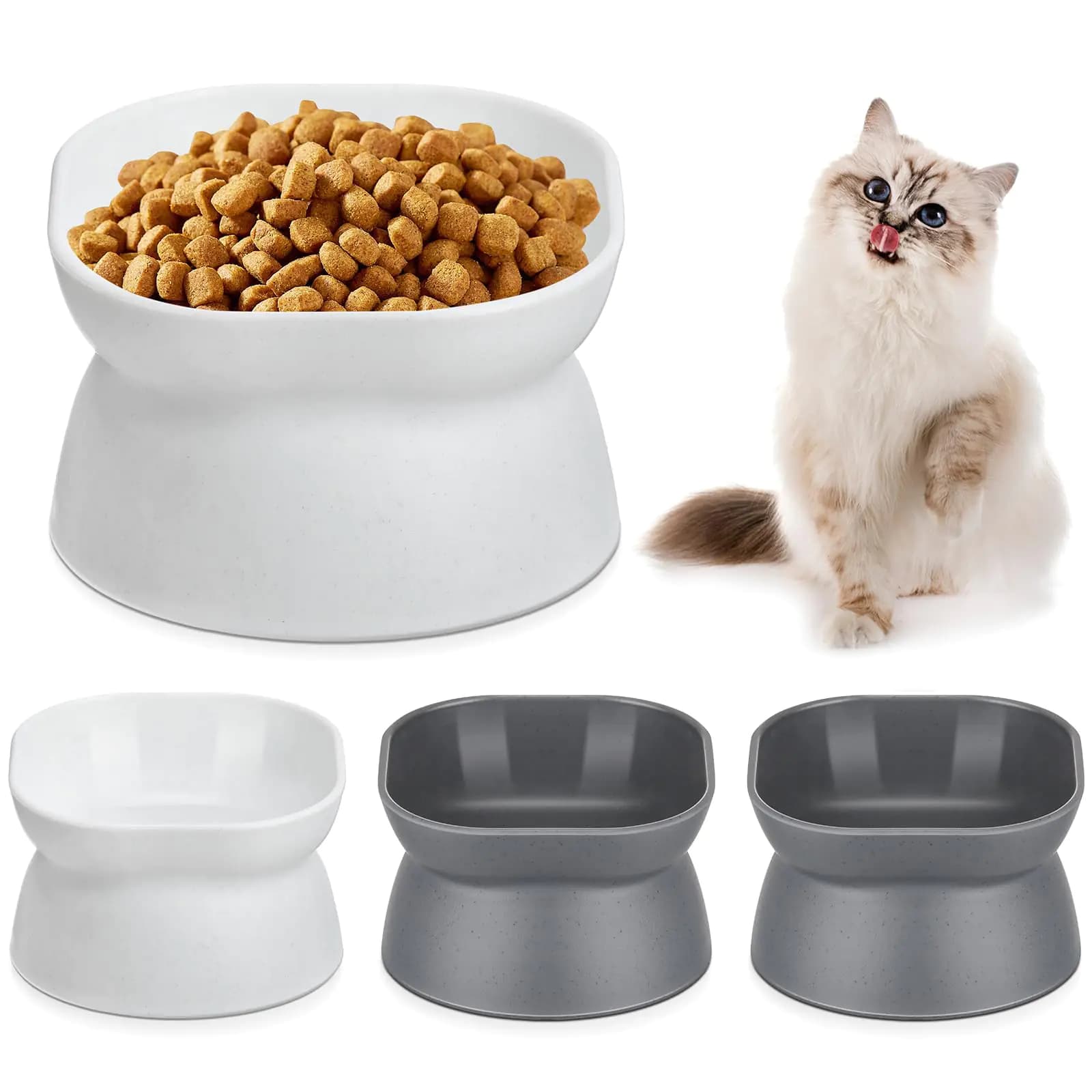 Elevated Cat Bowls Set, White and Grey