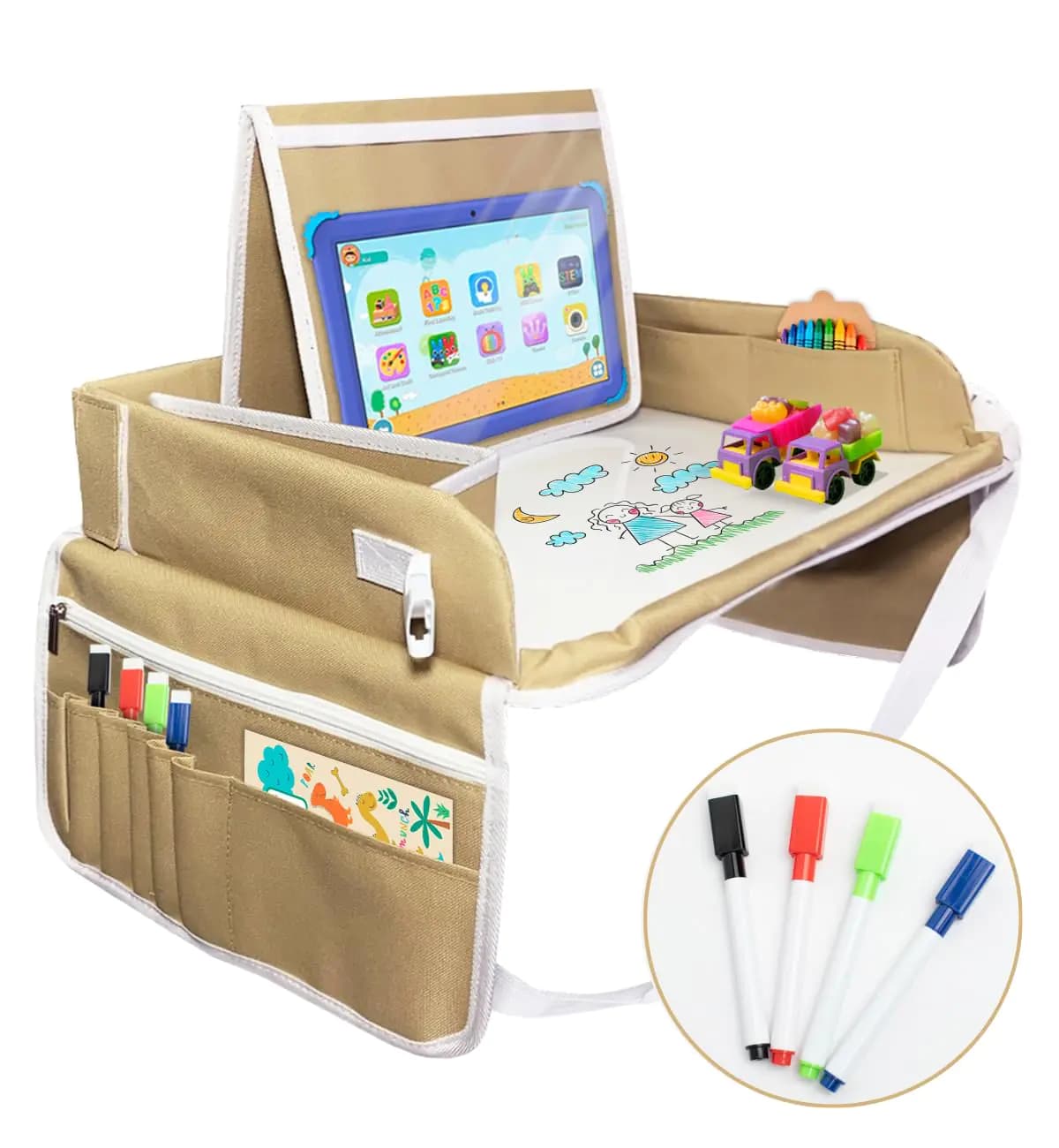 Car Seat Tray with Tablet Holder Khaki White