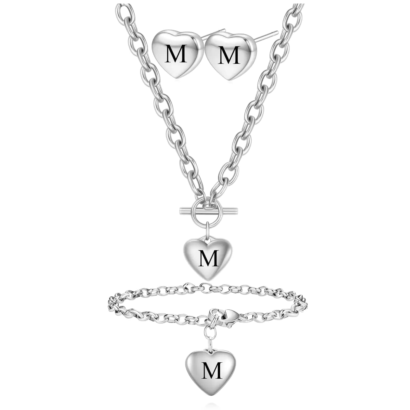 Women's Heart Name Jewelry Set Silver