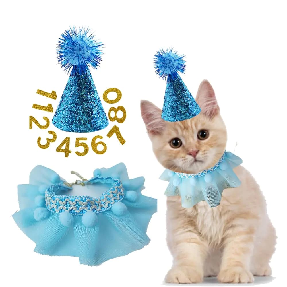Cat Birthday Party Supplies Pet Birthday Hat with Numbers Tulle Felt Bandana for Dog Cat Cute Accessary（blue-S