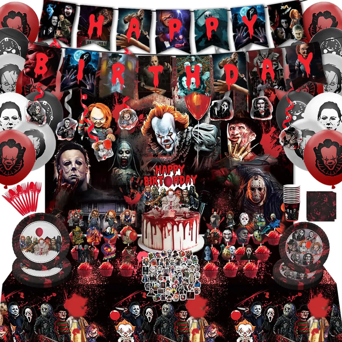 CAILESS Horror Party Decorations - 185Pcs Halloween Birthday Party Decorations Include Banner Backdrop Balloon Cake Toppers Tableware Serves 10 Guests