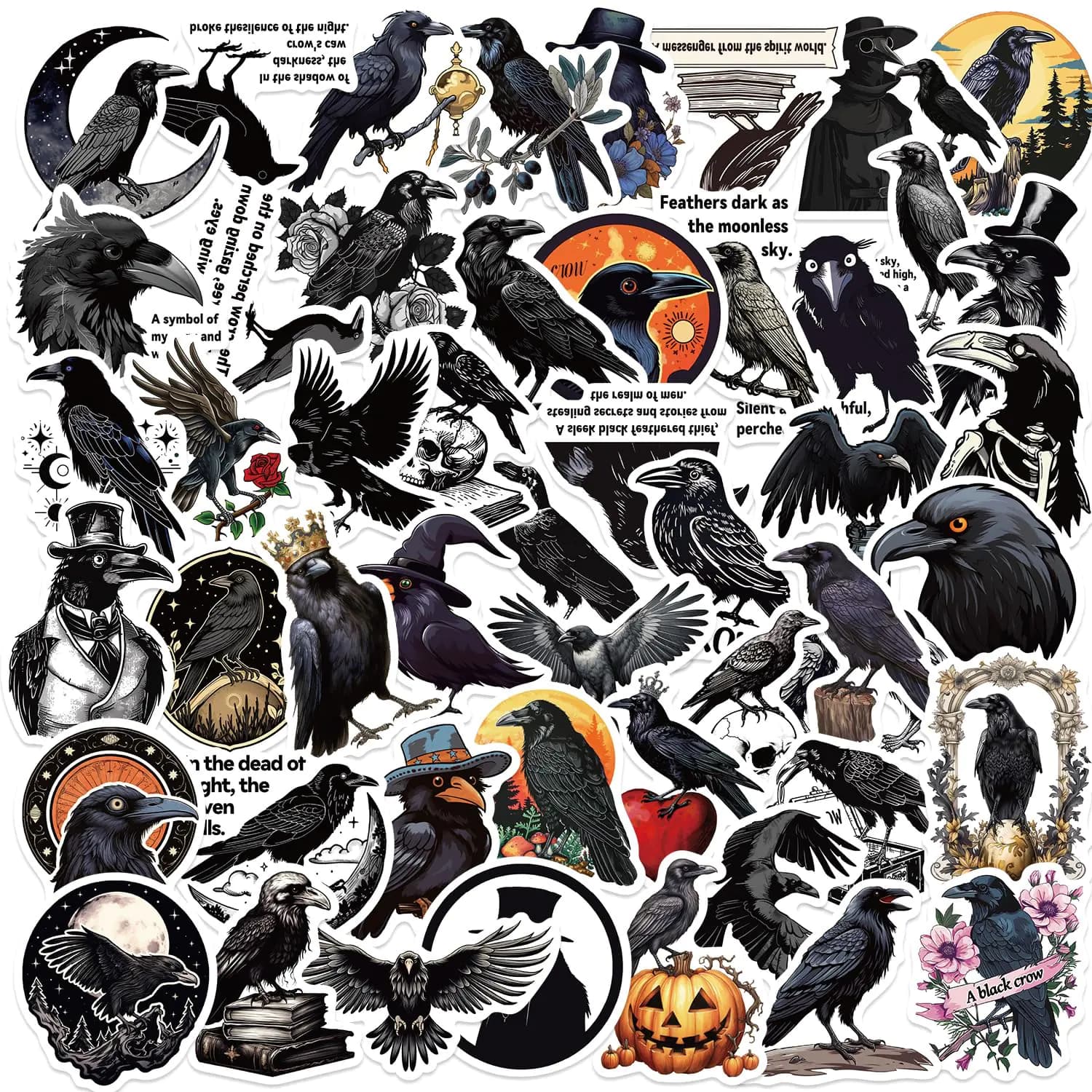 50-Piece Gothic Crow Raven Stickers- Waterproof Vinyl Spooky Dark Black Bird Stickers for Scrapbooks Laptops Water Bottles Phone Cases Halloween Decorations