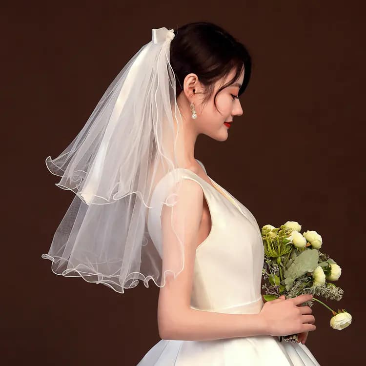 Short White Bridal Veil with Bow and LED Lights
