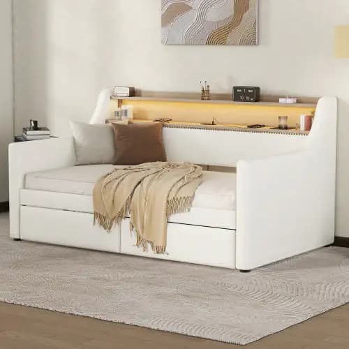 Twin Size Daybed With Drawers, Upholstered Daybed With Charging Station And LED Lights, White