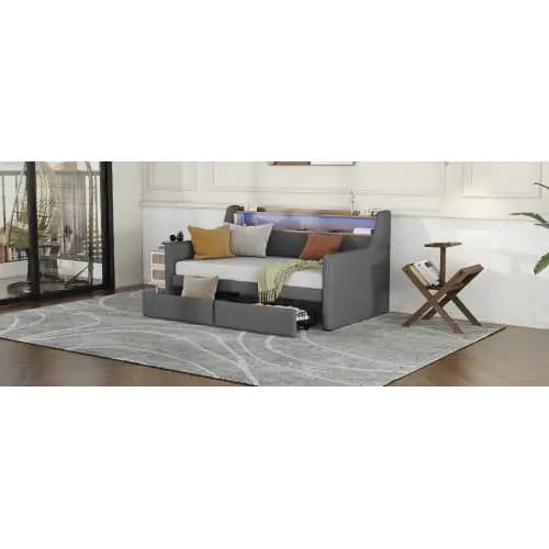 Twin Size Daybed With Storage Drawers, Upholstered Daybed With Charging Station And LED Lights, Gray