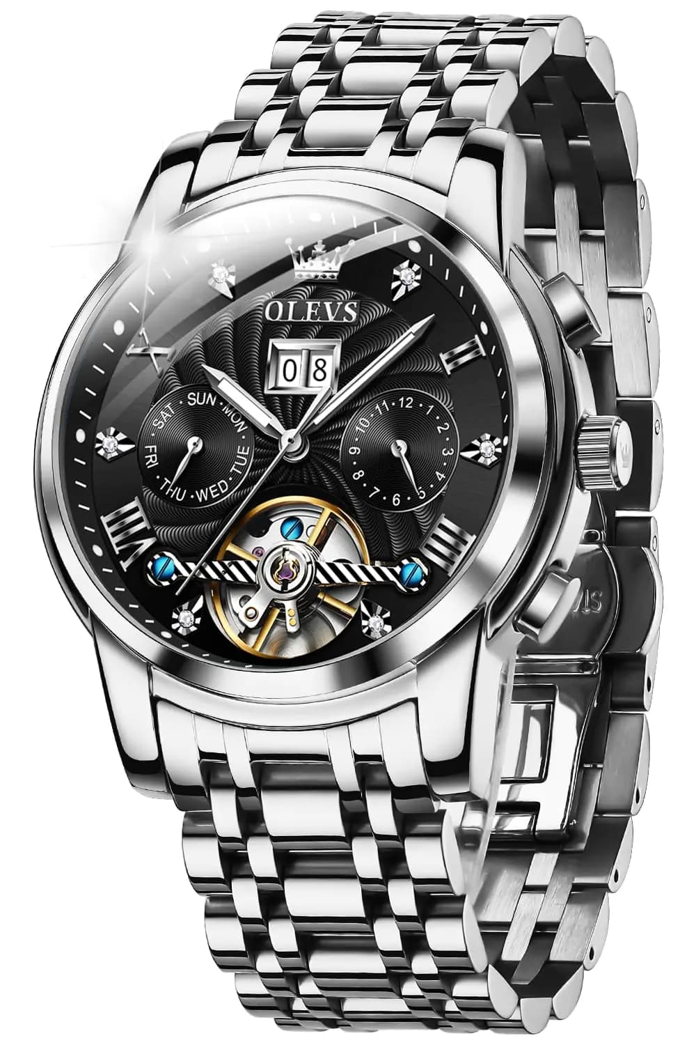 Automatic Diamond Skeleton Tourbillon Watch Silver